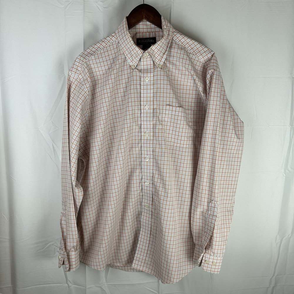 Brooks‎ Brothers Orange Plaid Long Sleeve Shirt Size XL Non Iron Cotton